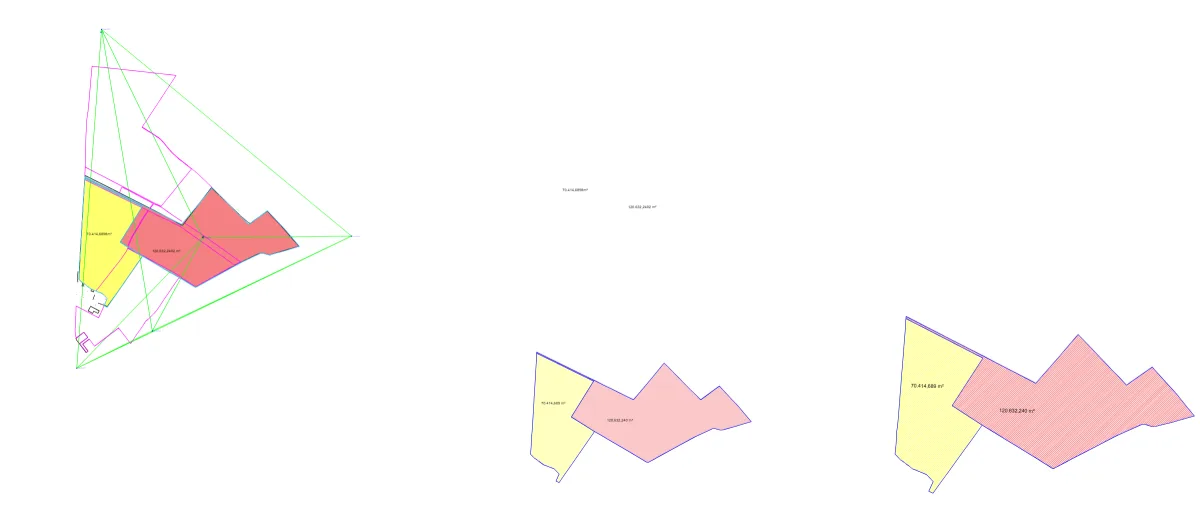 Esempio di disegno DWG: estratto di mappa catastale con le linee di frazionamento e le superfici dei lotti